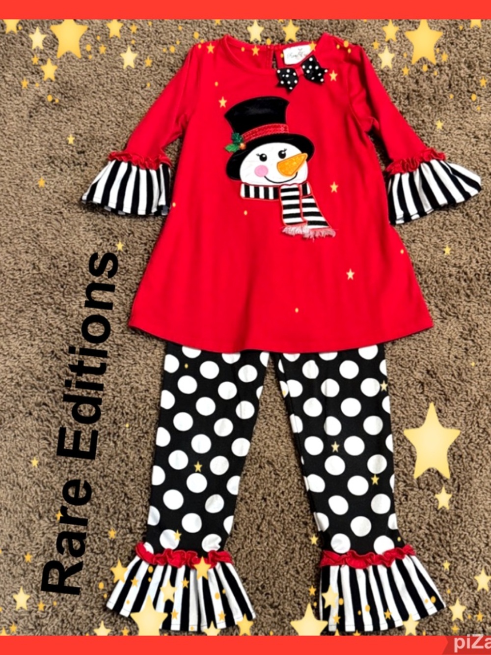 🌲Rare Editions Red Snowman Graphic Top W/Black & White Polka-dot Pants~Sz 4T/4